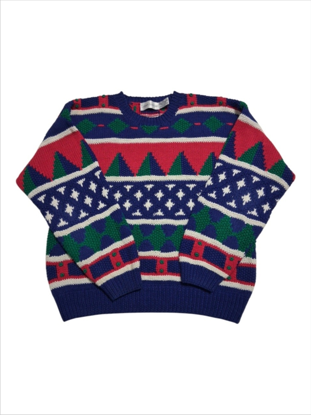 Vtg Robert Scott Sweater L Geometric Fair Isle Button Chunky Ramie Cotton 80s